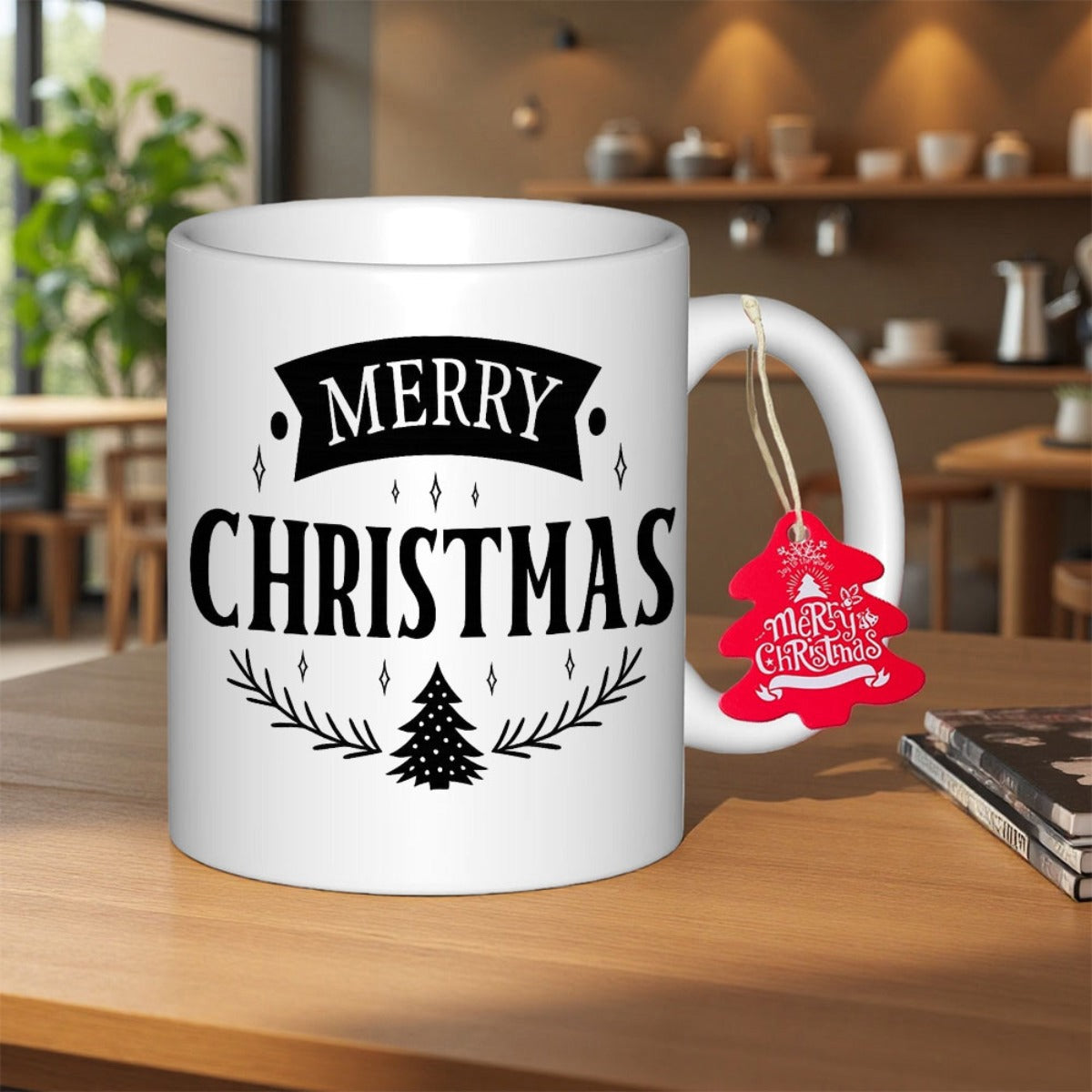 Tailorly White Ceramic 11 oz Mug - Merry Christmas Elegant Black Festive Pattern With Pine Tree And Decorative Mug