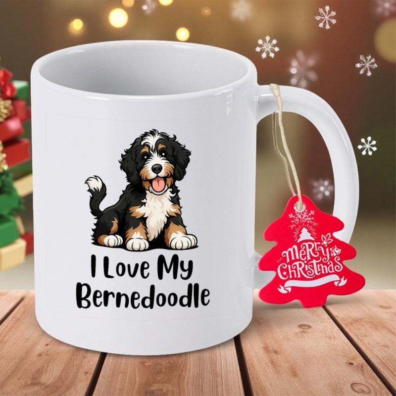 Tailorly White Ceramic 11 oz Mug - I Love My Bernedoodle Adorable Fluffy Puppy Sitting With A Happy Expression On A Bernedoodle