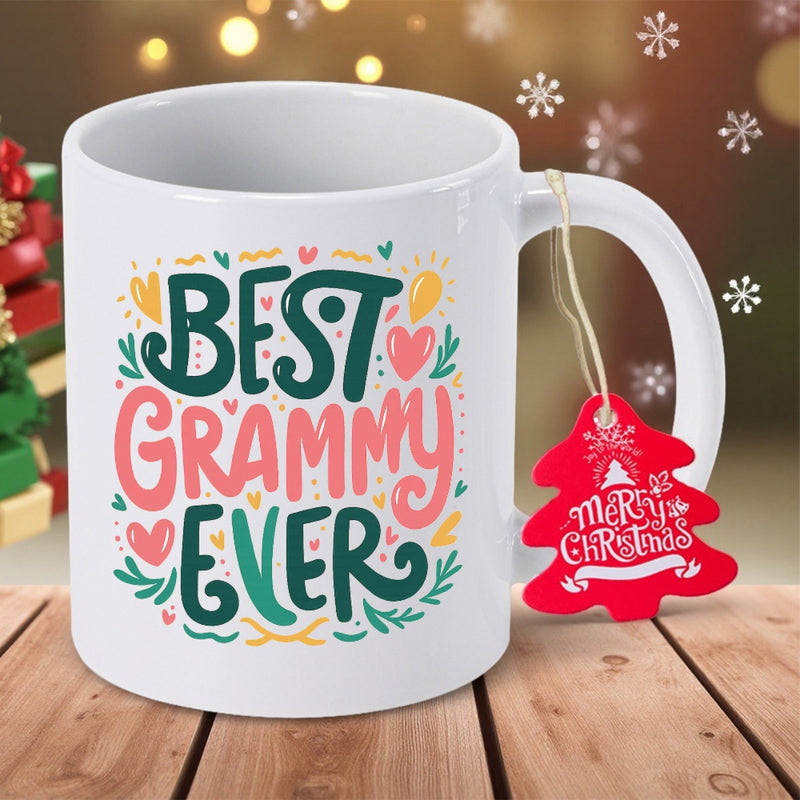 Tailorly White Ceramic 11 oz Mug - Best Grammy Ever Merry Christmas Colorful Artistic Typography Surrounded By Small Decorative Hearts And Delicate Green Leaves