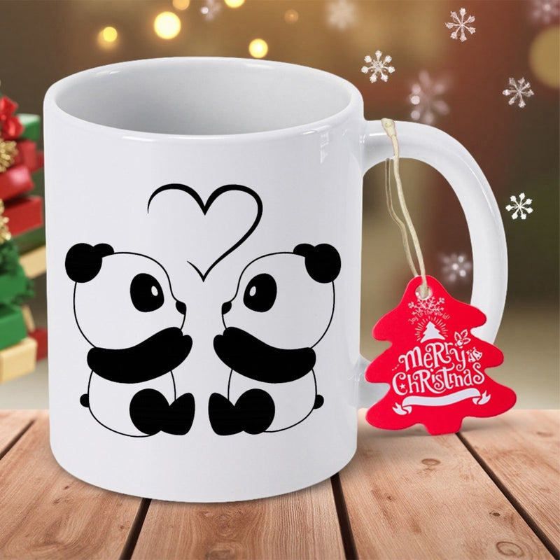 Tailorly White Ceramic 11 oz Mug - Minimalist Style Pandas Sitting Together Under A Simple Heart Symbol Panda