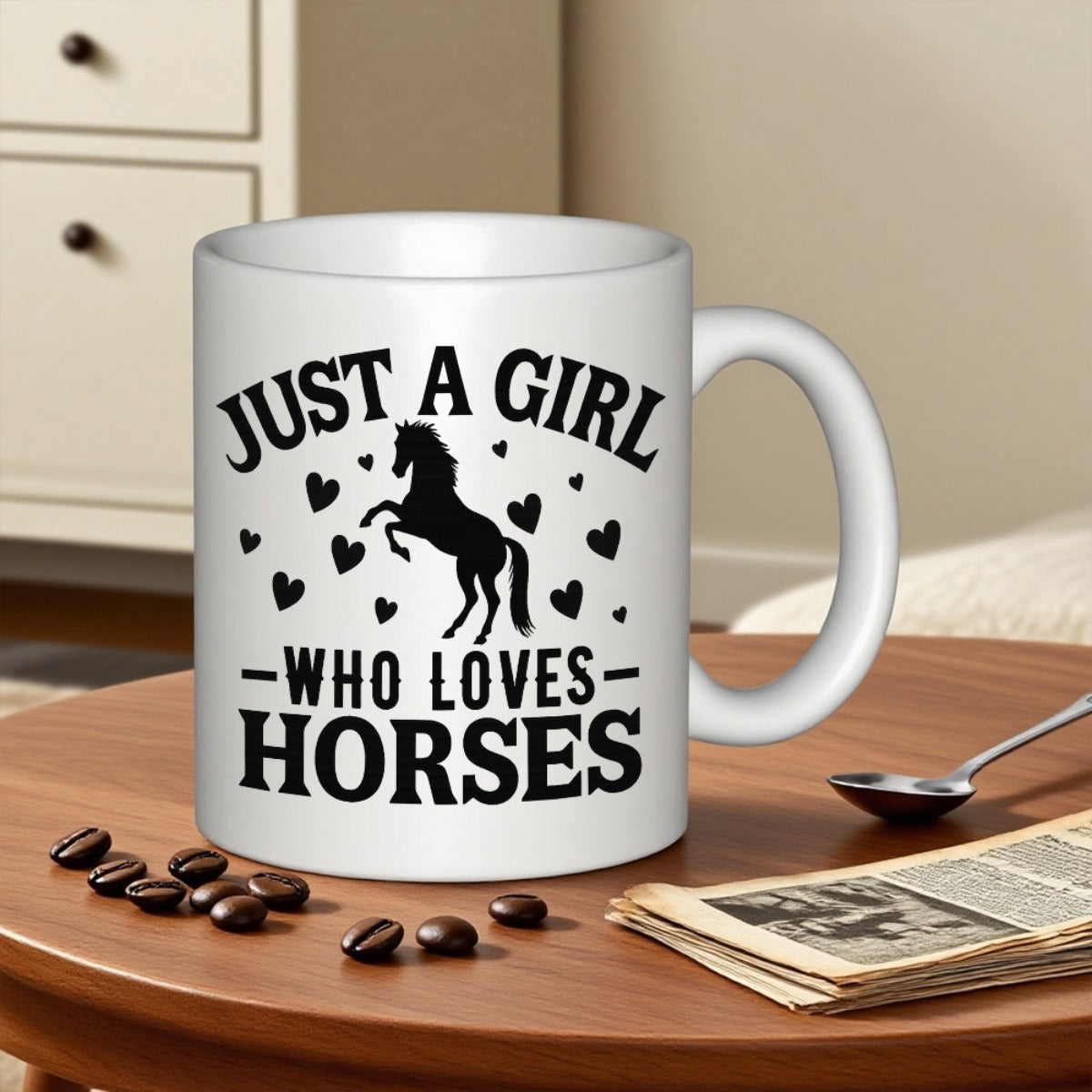 Tailorly White Ceramic 11 oz Mug - Just A Girl Who Loves Horses Majestic Rearing Stallion Silhouette Surrounded By Tiny Delicate Floating Black Hearts Horse