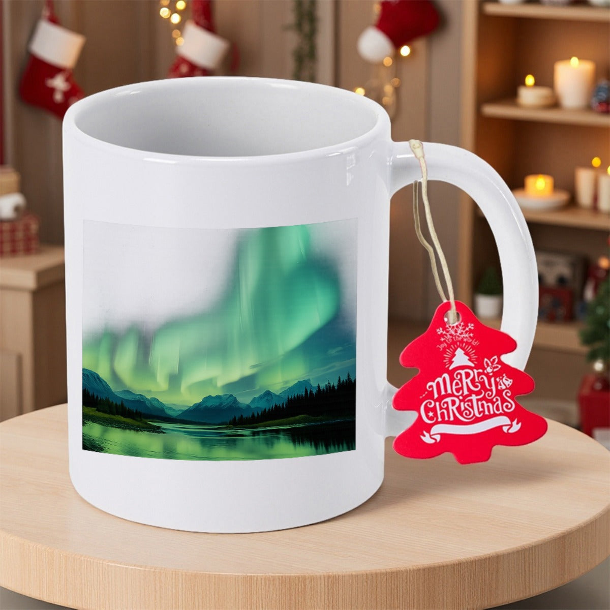 Tailorly White Ceramic 11 oz Mug - Shimmering Green Northern Lights Dancing Above Snowy Mountains And Calm Lake Aurora