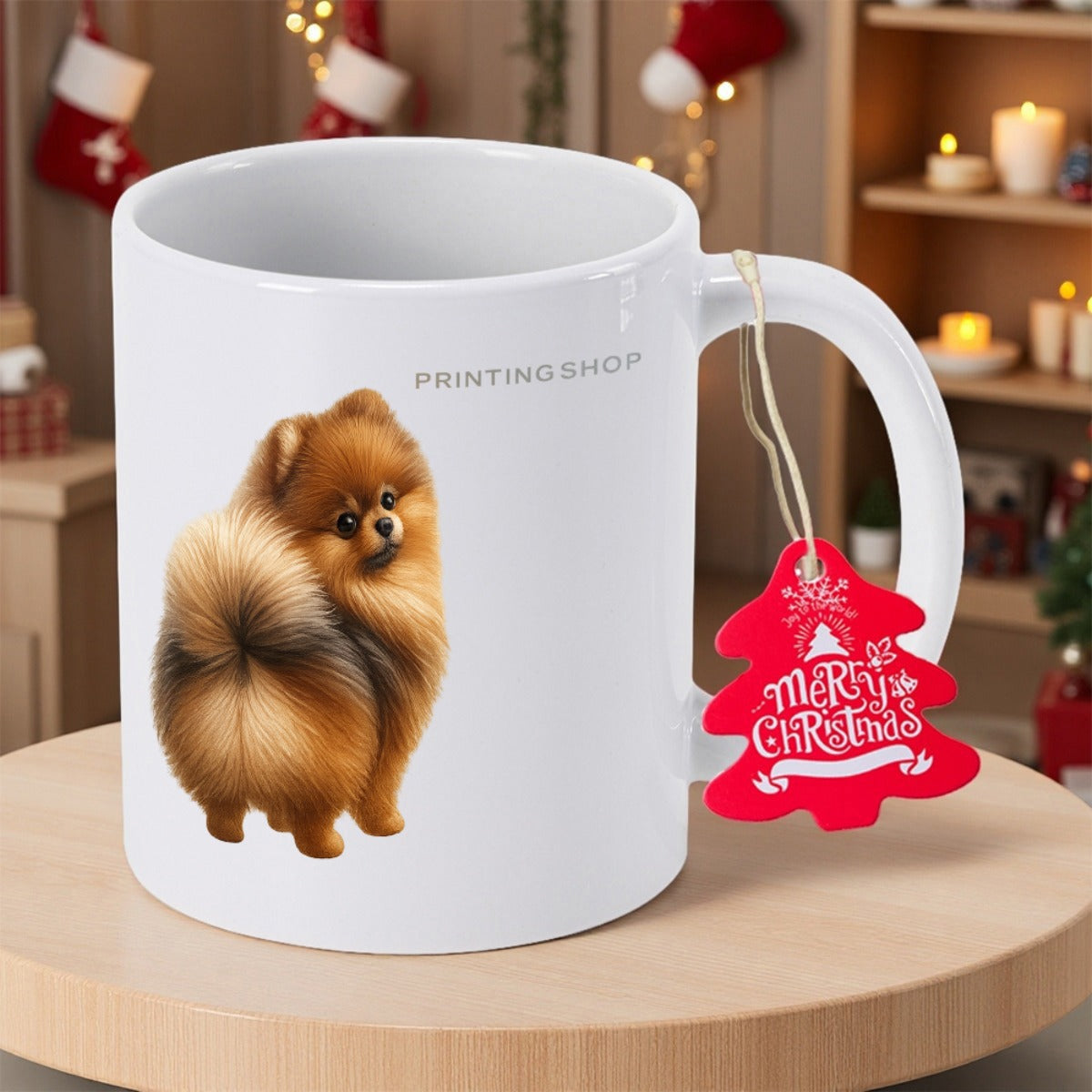 Tailorly White Ceramic 11 oz Mug - Printing Shop Merry Christmas Adorable Fluffy Orange Pomeranian With Soft Fur Looking Over Shoulder Dog