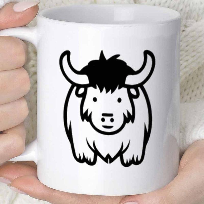 Tailorly White Ceramic 11 oz Mug - Adorable Cartoon Bovine With Large Horns And Shaggy Furry Texture Yak