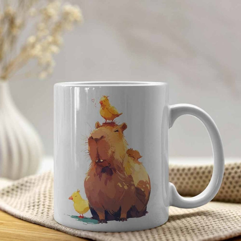 Tailorly White Ceramic 11 oz Mug - Adorable Brown Capybara Sitting With Small Yellow Birds Under Gentle Light Capybara