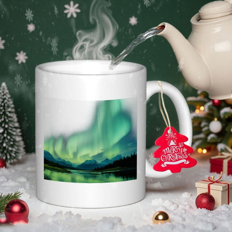 Tailorly White Ceramic 11 oz Mug - Merry Christmas Vibrant Green Dancing Lights Over Serene Night Mountain Lake Aurora