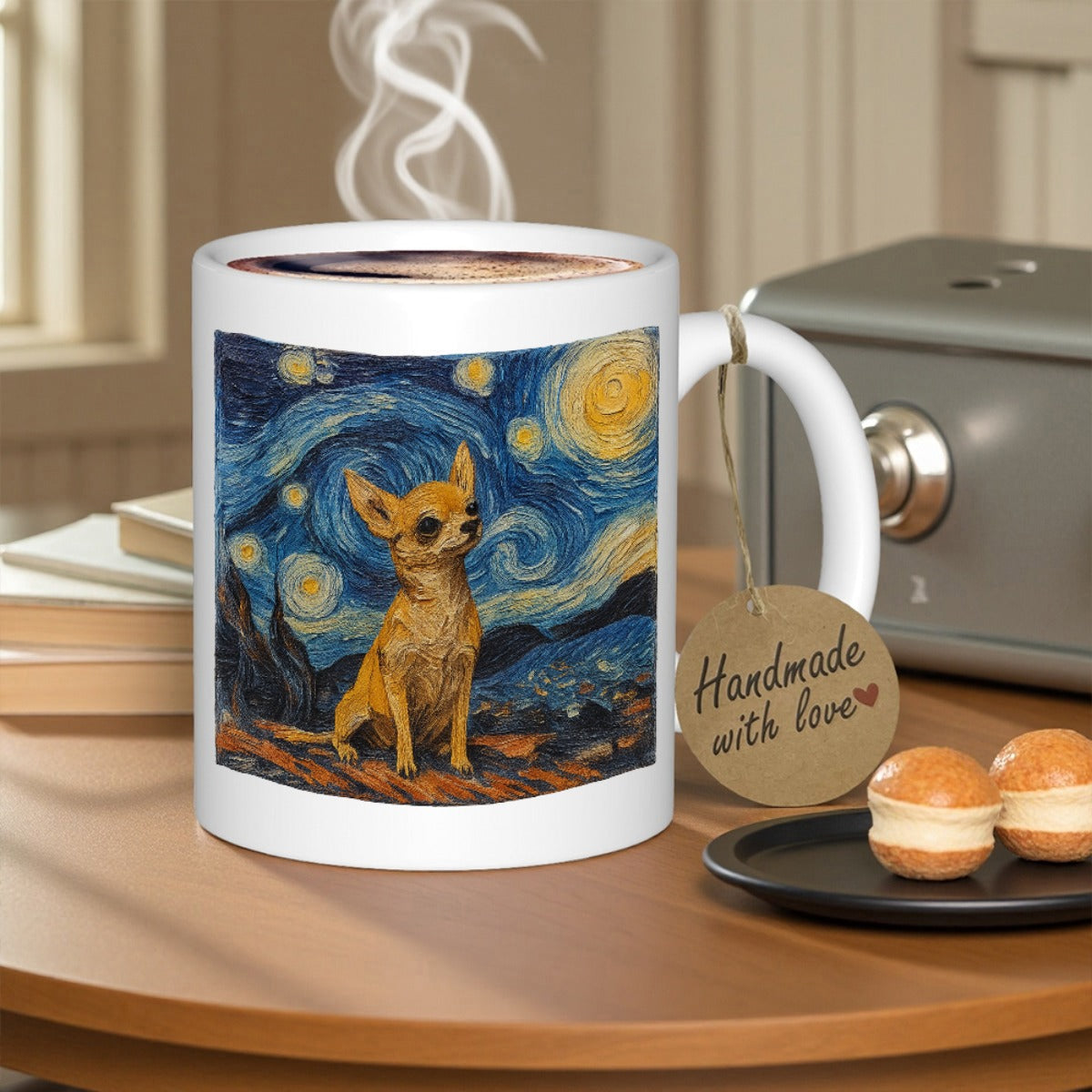 Tailorly White Ceramic 11 oz Mug - Handmade With Love Swirling Starry Night Sky With Golden Moon And Tiny Sitting Dog Chihuahua
