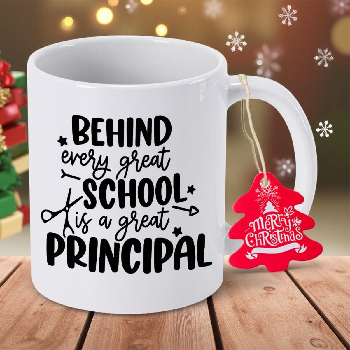 Tailorly White Ceramic 11 oz Mug - Behind Every Great School Is A Great Principal Artistic Black Typography Featuring Playful Script And Bold Serif Decorative
