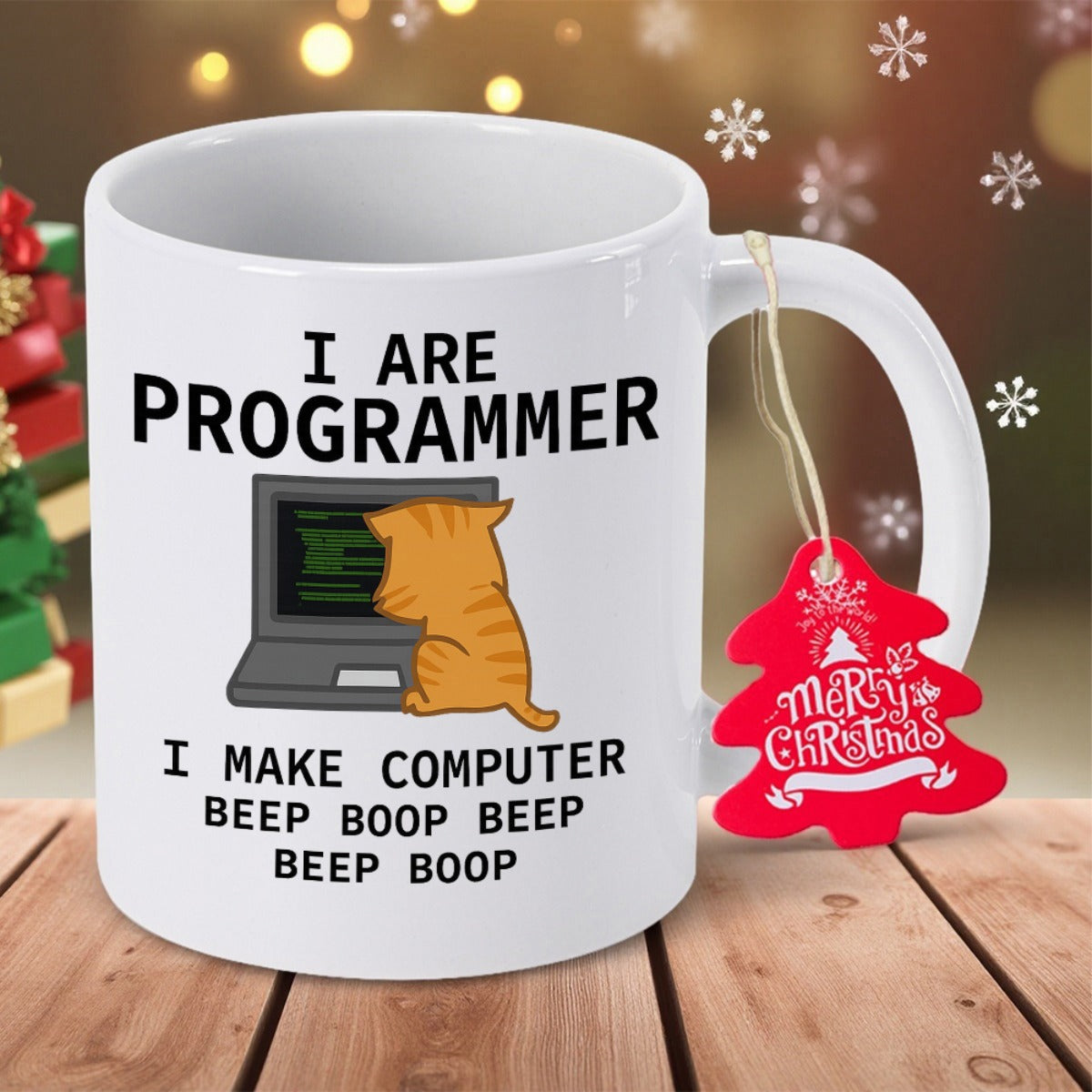 Tailorly White Ceramic 11 oz Mug - I Are Programmer I Make Computer Beep Boop Beep Beep Boop Orange Tabby Cat Sitting In Front Of A Glowing Laptop Screen Cat