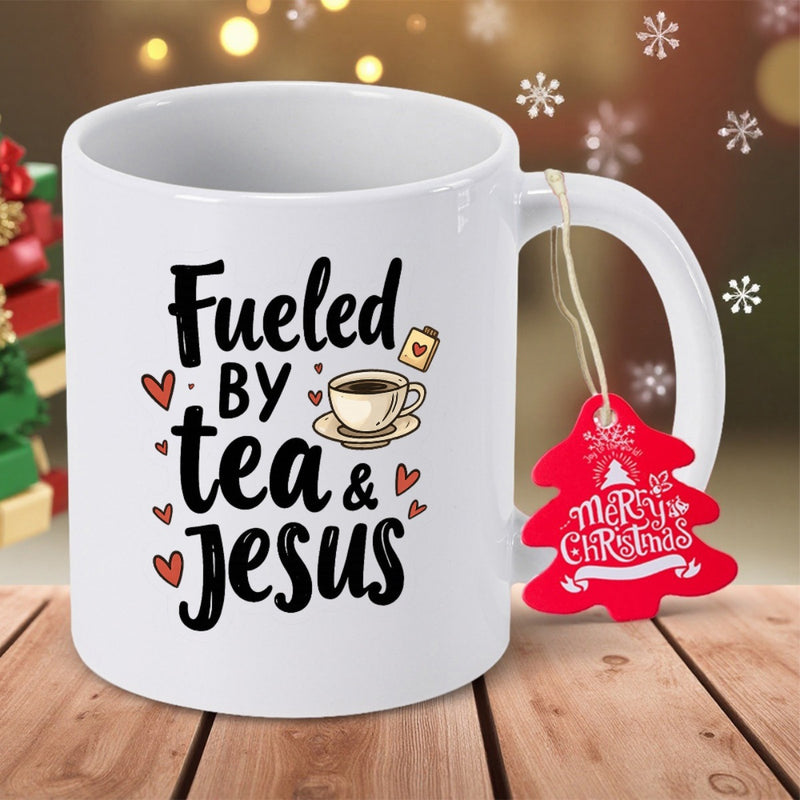 Tailorly White Ceramic 11 oz Mug - Fueled By Tea Jesus Handwritten Black Text With Cute Red Hearts And Steaming Teacup Mug