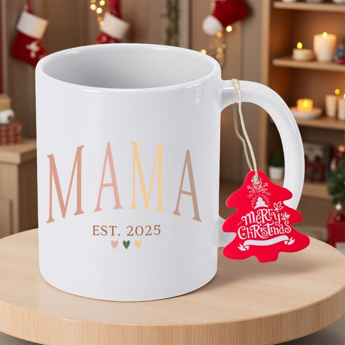 Tailorly White Ceramic 11 oz Mug - Mama Est 2025 Minimalist Earth Tones With Three Small Hearts Below Text On Ceramic Mug