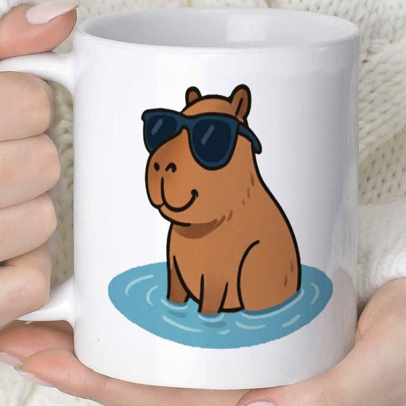 Tailorly White Ceramic 11 oz Mug - Cool Cartoon Animal Wearing Sunglasses Floating Peacefully In Blue Rippling Water Capybara