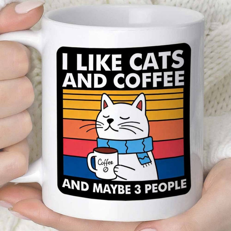 Tailorly White Ceramic 11 oz Mug - I Like Cats And Coffee And Maybe 3 People Charming White Wearing Blue Scarf Under Retro Vibrant Sunset Cat