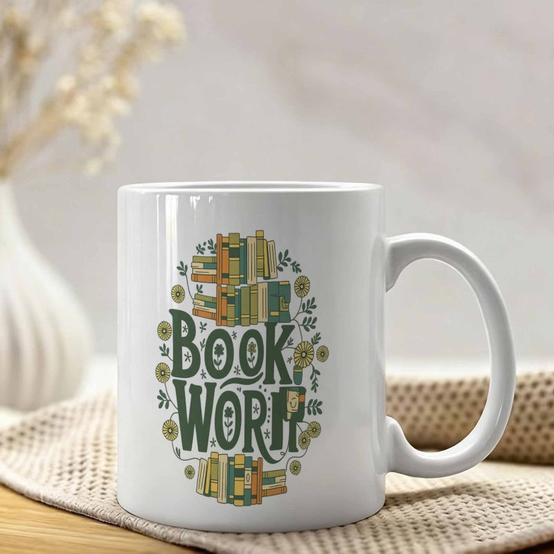 Tailorly White Ceramic 11 oz Mug - Bookworm Artistic Vintage Style Books Surrounded By Delicate Floral And Leafy Elements Bookshelf