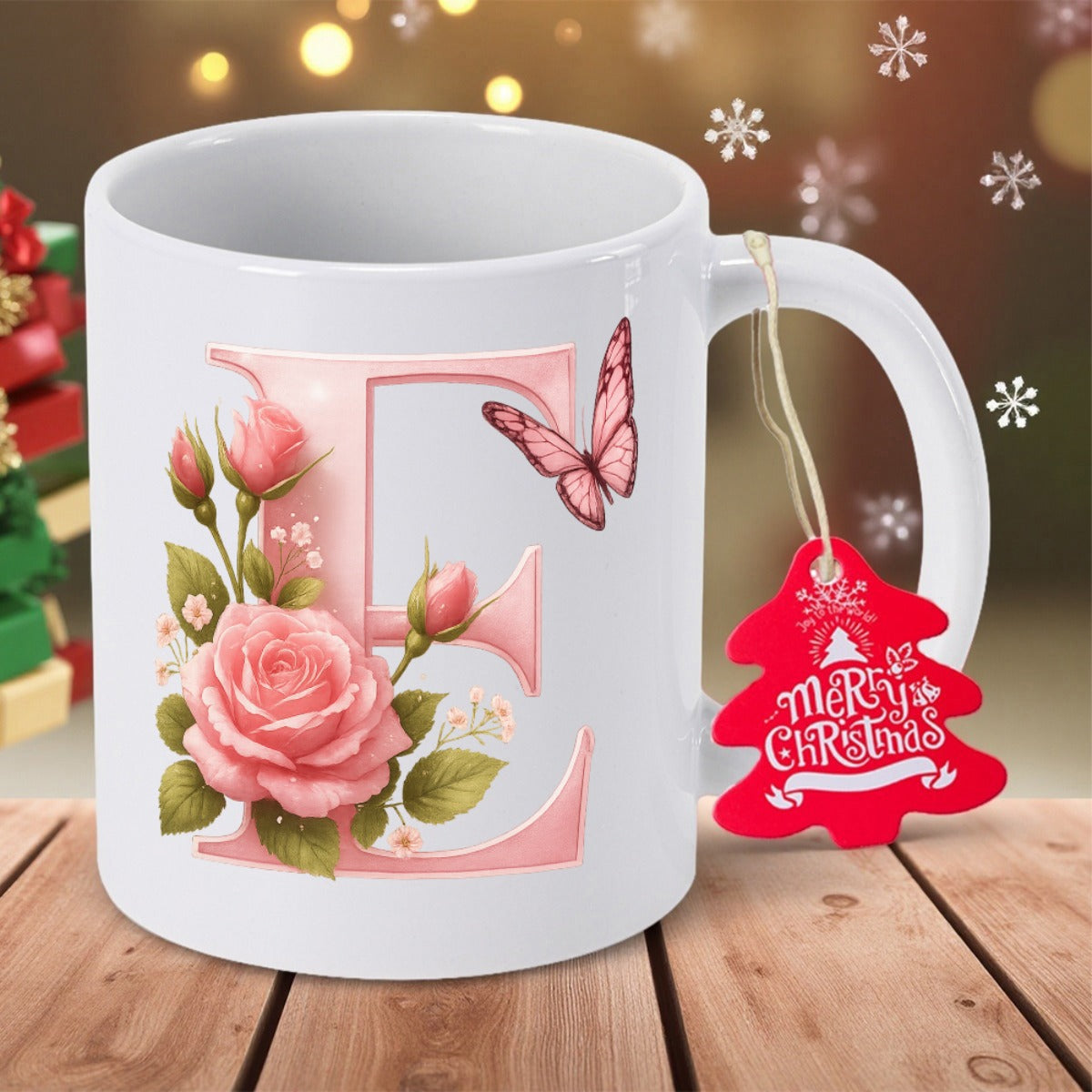 Tailorly White Ceramic 11 oz Mug - Merry Christmas Elegant Pink Roses And Butterfly Fluttering Near A Serif Letter E Mug