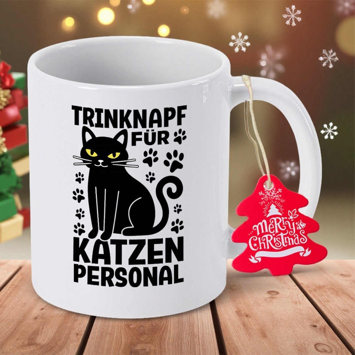 Tailorly White Ceramic 11 oz Mug - Merry Christmas Sleek Black Feline Sitting Peacefully Surrounded By Cute Little Paw Prints Cat