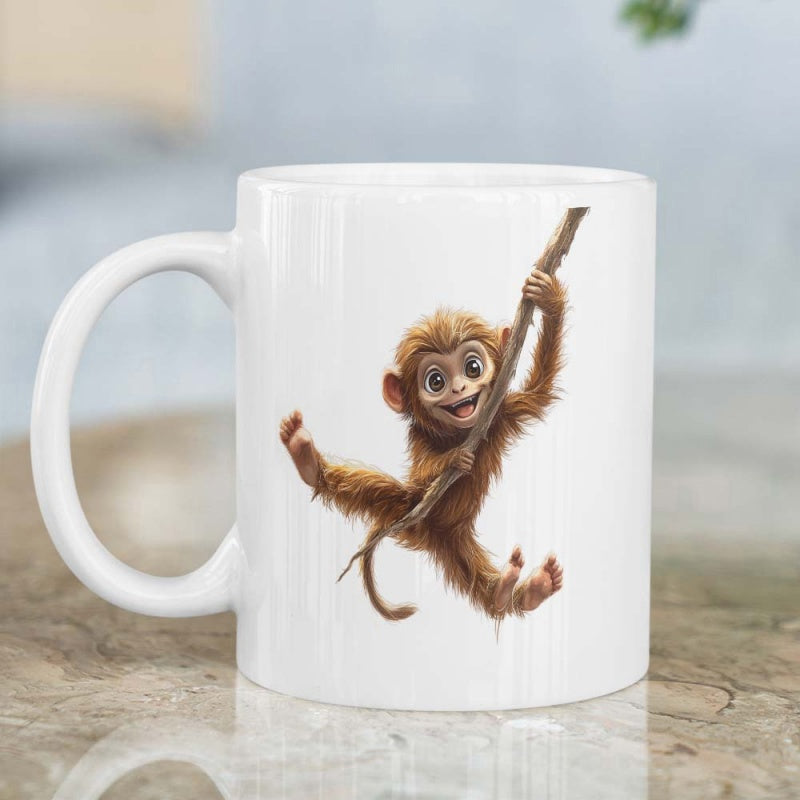 Tailorly White Ceramic 11 oz Mug - Playful Little Brown Primate Swinging From A Branch With Happy Smiling Face Monkey