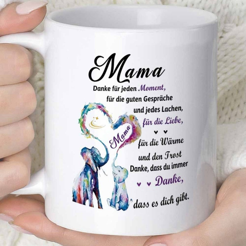 Tailorly White Ceramic 11 oz Mug - Mama Colorful Watercolor Style Mother And Calf Forming A Heart Trunk Elephant