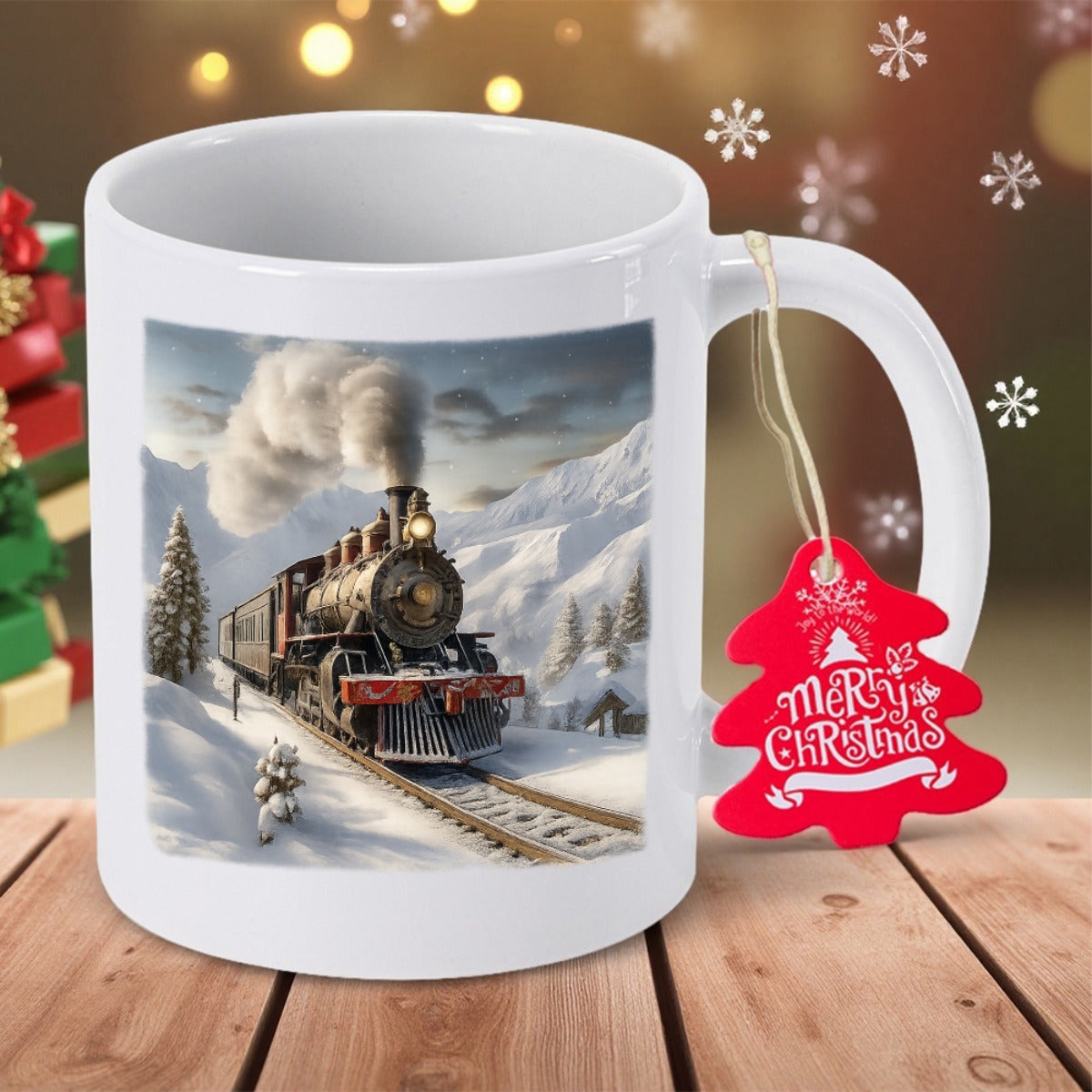 Tailorly White Ceramic 11 oz Mug - Vintage Steam Engine Traveling Through Snowy Mountain Peaks And Evergreen Forest Train