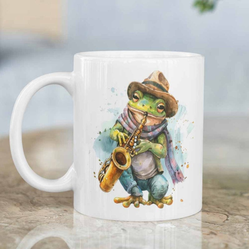 Tailorly White Ceramic 11 oz Mug - Charming Watercolor Illustration Wearing Hat And Scarf Playing Golden Saxophone Frog