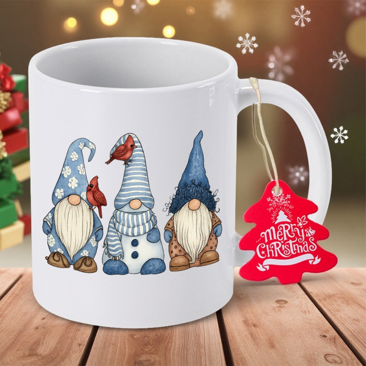 Tailorly White Ceramic 11 oz Mug - Merry Christmas Three Festive Characters Wearing Blue Patterned Hats With Small Red Cardinals Gnome