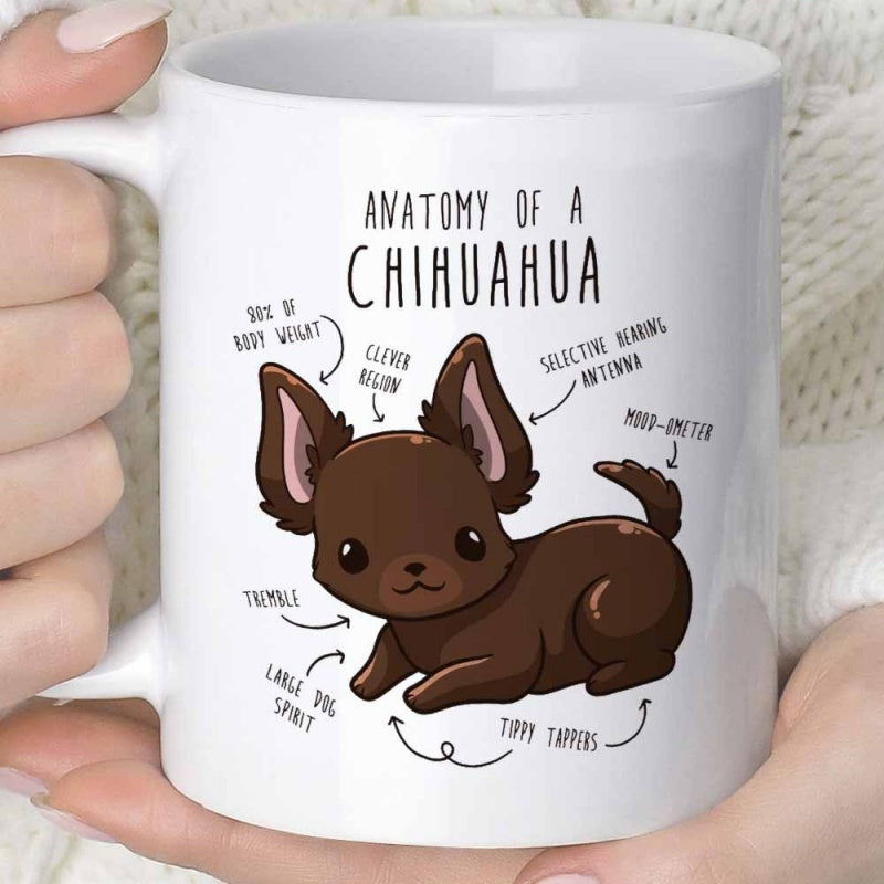 Tailorly White Ceramic 11 oz Mug - Anatomy Of A Chihuahua Cute Brown Cartoon Dog With Educational Body Part Labels And Humorous Diagram Chihuahua