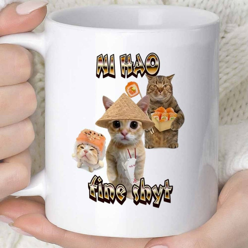 Tailorly White Ceramic 11 oz Mug - Ni Hao Fine Shyt Adorable Ginger Kitten Wearing Traditional Straw Hat And Holding Dumplings Cat