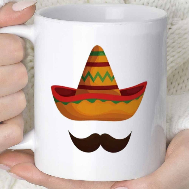 Tailorly White Ceramic 11 oz Mug - Traditional Colorful Striped Mexican Style Pattern Above A Bold Dark Mustache Sombrero