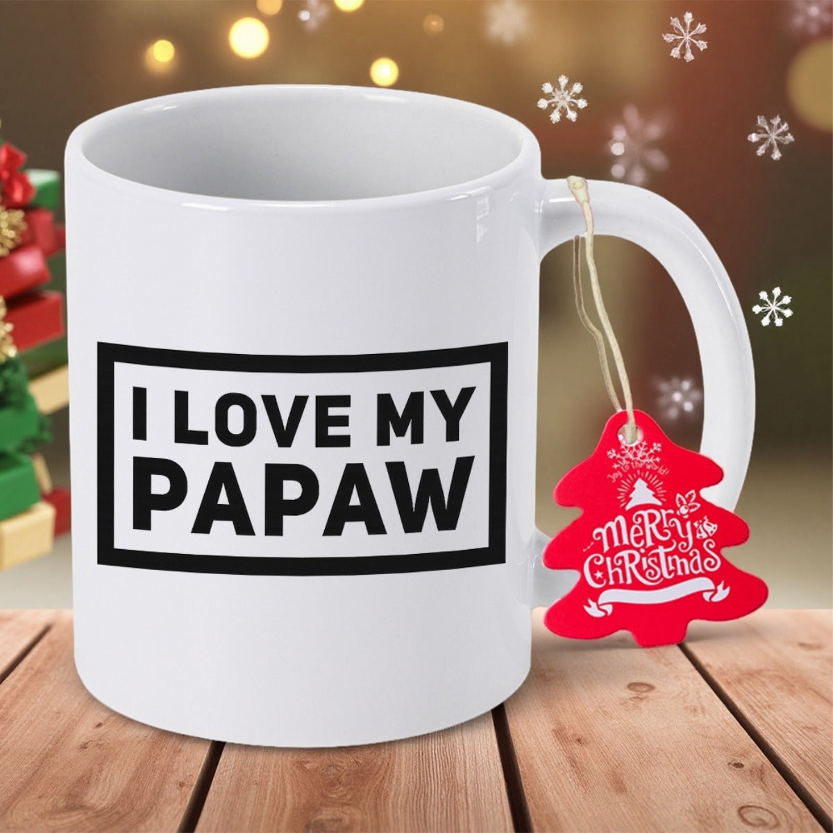Tailorly White Ceramic 11 oz Mug - I Love My Papaw Bold Black Lettering Framed Within A Minimalist Rectangular Border Style Mug