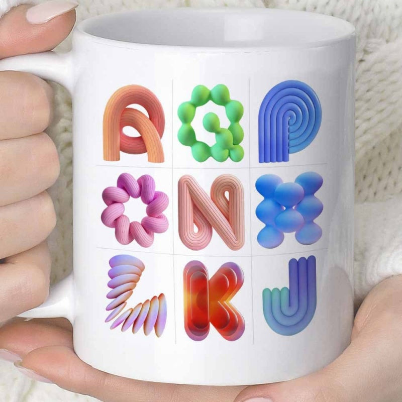 Tailorly White Ceramic 11 oz Mug - Vibrant Colorful Abstract Three Dimensional Geometric Alphabet Shapes In Grid Alphabet