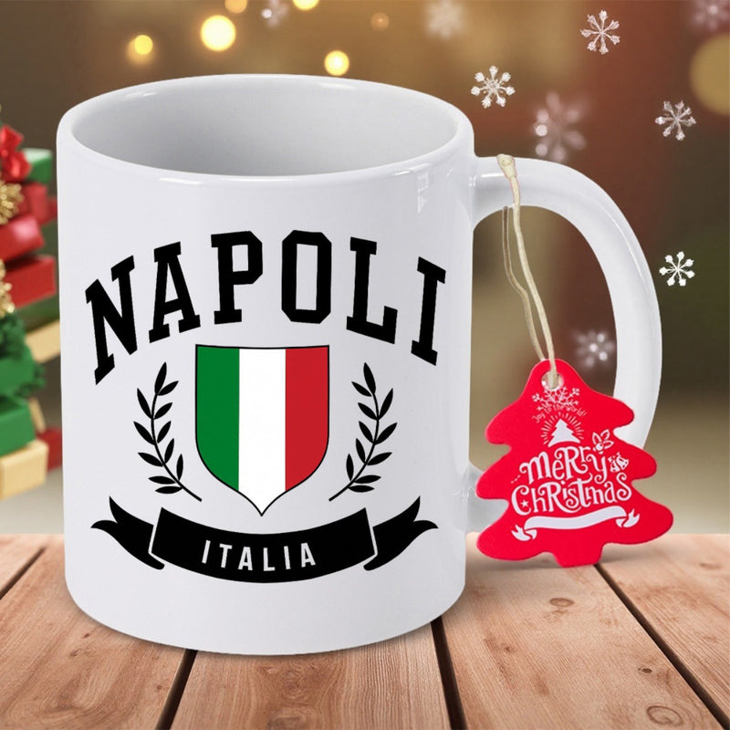 Tailorly White Ceramic 11 oz Mug - Napoli Italia Classic Italian Shield Featuring Laurel Wreaths And Ribbon Mug