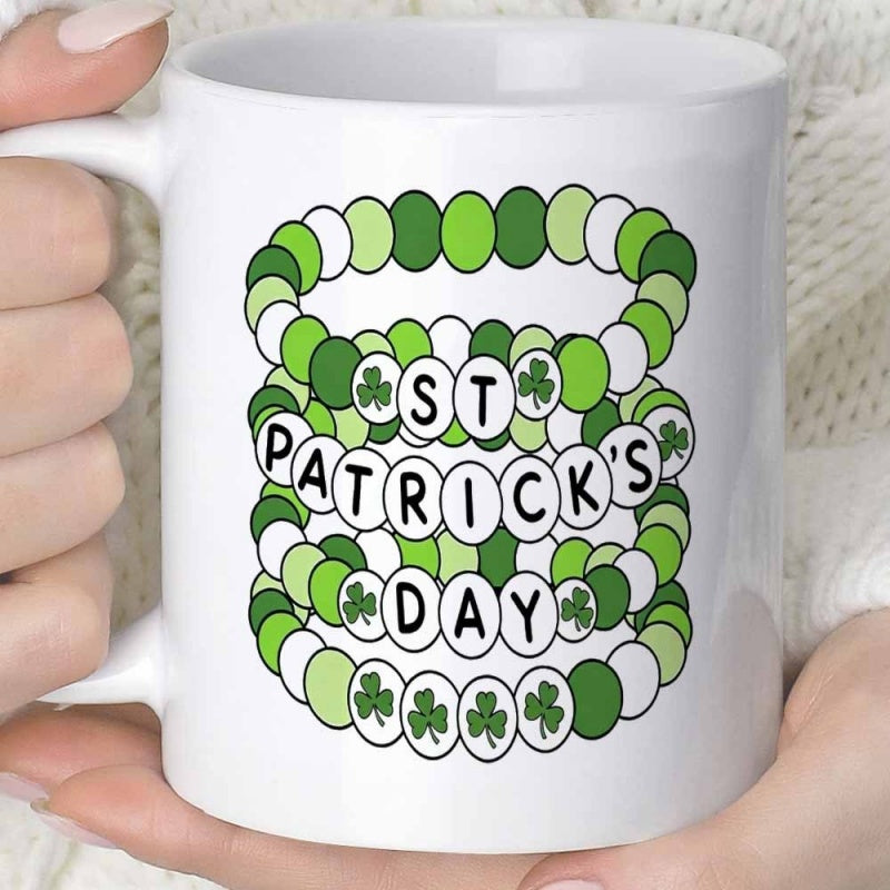 Tailorly White Ceramic 11 oz Mug - St Patrick's Day Vibrant Green And White Beaded Jewelry Rows Featuring Decorative Clover Patterns Bracelet