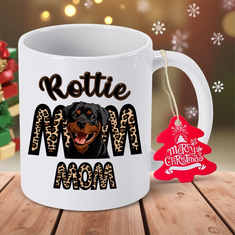 Tailorly White Ceramic 11 oz Mug - Rottie Mom Merry Christmas Charming Rottweiler Portrait Floating Between Leopard Print Patterned Decorative Block Letters Dog