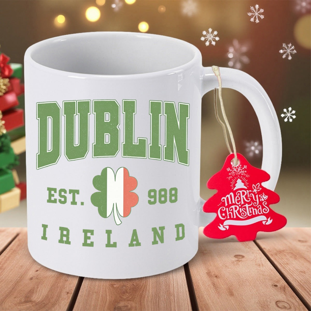 Tailorly White Ceramic 11 oz Mug - Dublin Ireland Classic College Style Text With Tricolor Shamrock Design On