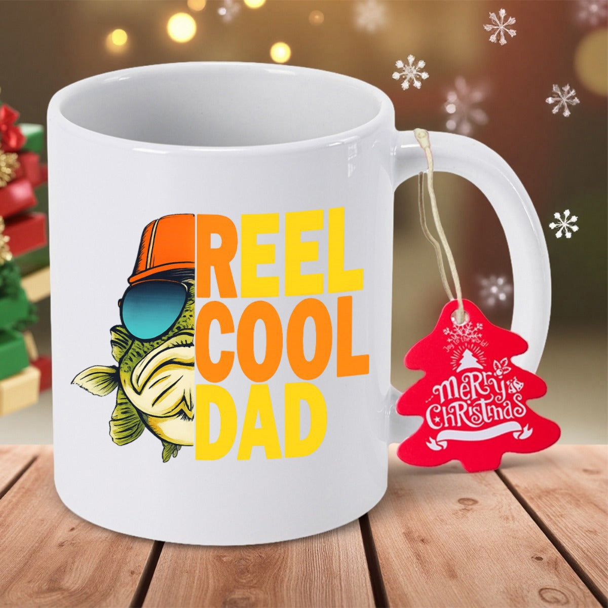 Tailorly White Ceramic 11 oz Mug - Reel Cool Dad Funny Bass Character Wearing Orange Hat And Blue Sunglasses Fish