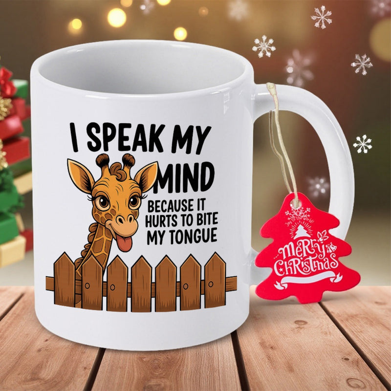 Tailorly White Ceramic 11 oz Mug - I Speak My Mind Because It Hurts To Bite My Tongue Cute Cartoon Animal Peeking Behind Brown Wooden Fence Giraffe