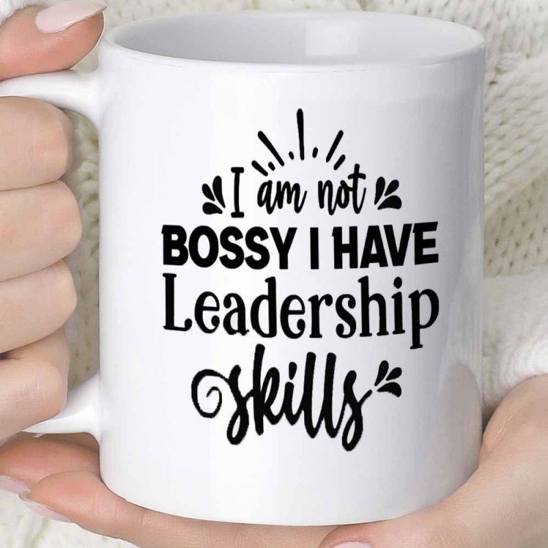 Tailorly White Ceramic 11 oz Mug - I Am Not Bossy I Have Leadership Skills Minimalist Decorative Accents With Elegant Swirls And Radiant Sunburst Lines Lettering