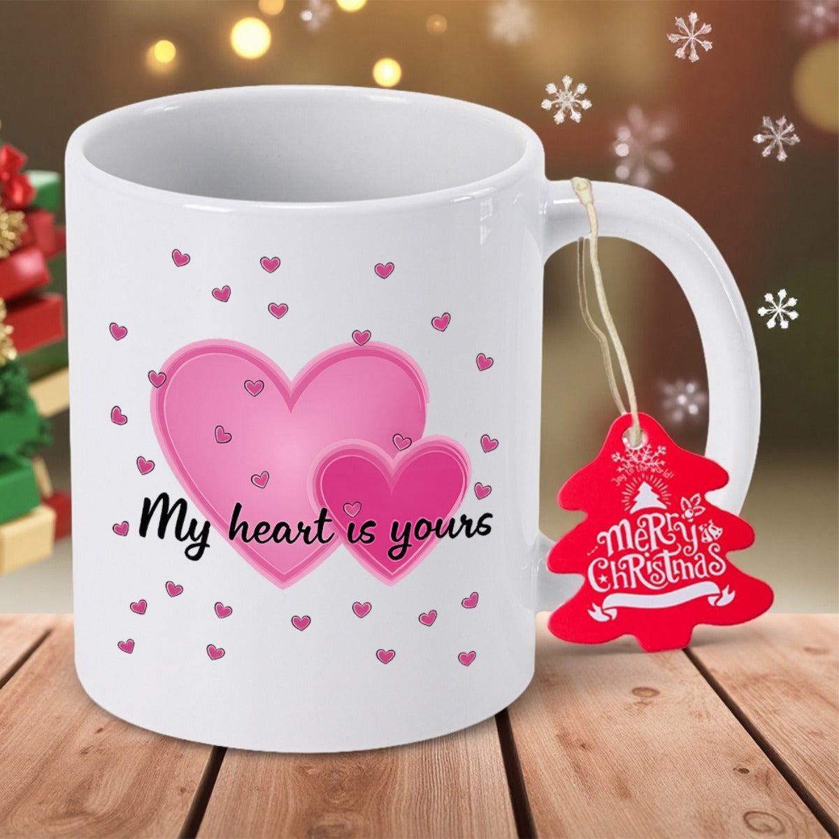 Tailorly White Ceramic 11 oz Mug - My Heart Is Yours Merry Christmas Soft Pink Gradient Hearts Surrounded By Tiny Floating Sweet Heart Elements Heart