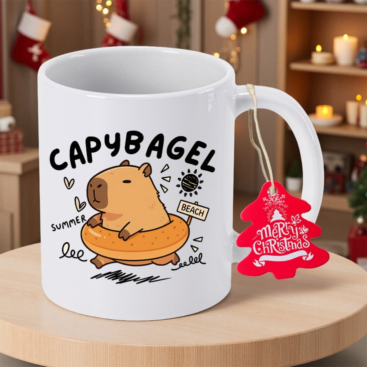 Tailorly White Ceramic 11 oz Mug - Capybagel Summer Beach Adorable Cartoon Animal Resting Comfortably Inside A Large Golden Brown Toasted Bagel Capybara