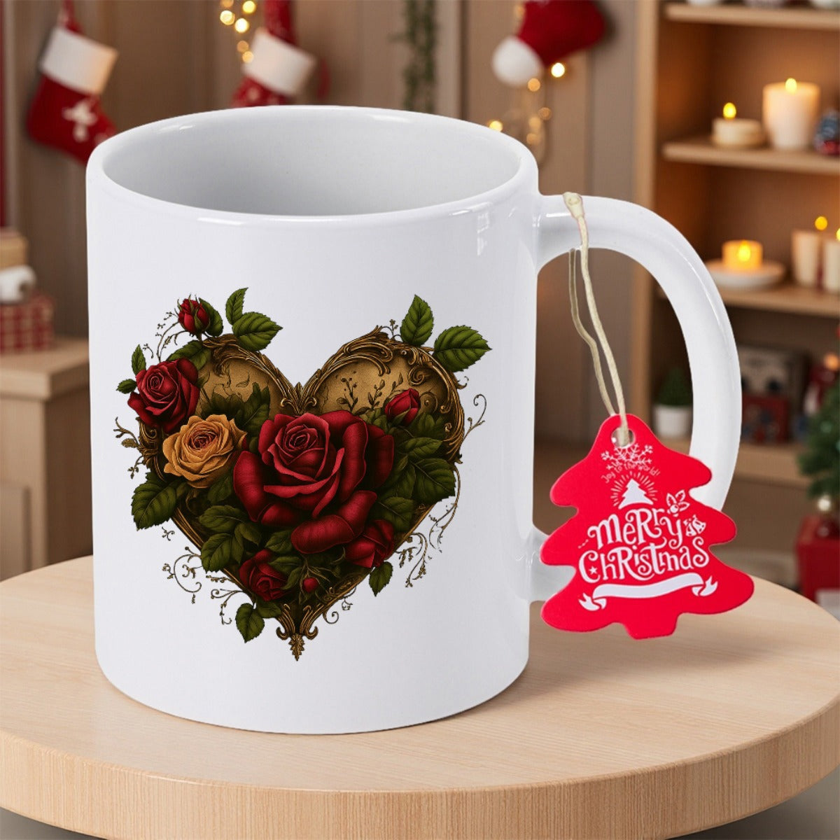 Tailorly White Ceramic 11 oz Mug - Merry Christmas Vintage Style Heart Shape Composed Of Red And Yellow Floral Roses