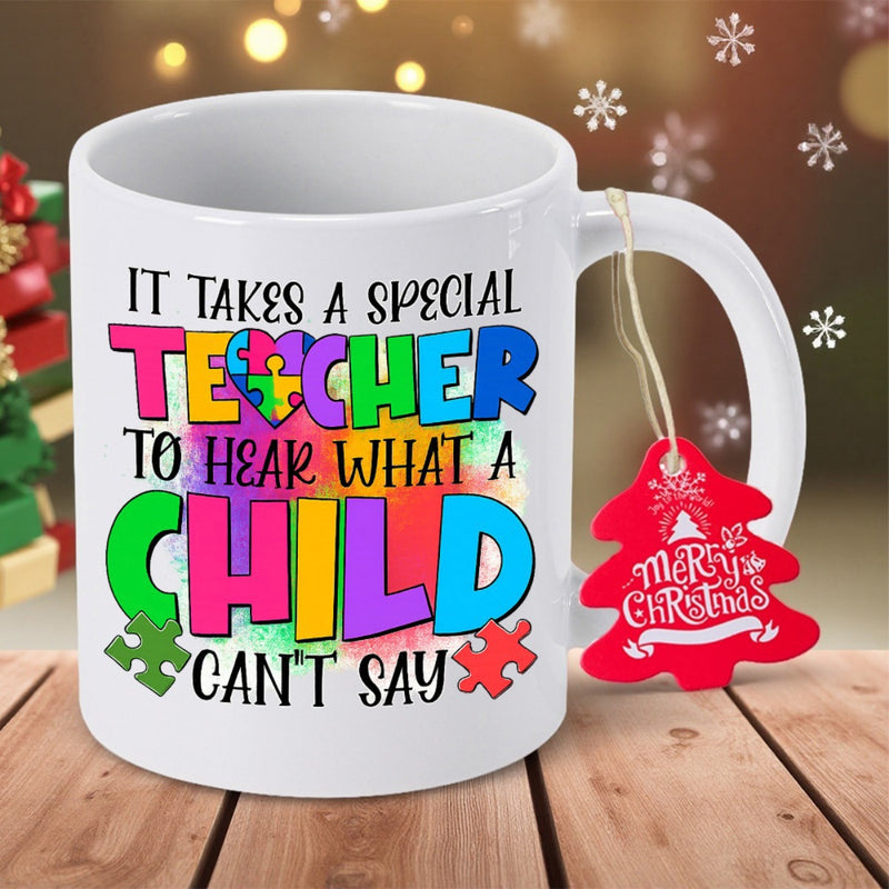 Tailorly White Ceramic 11 oz Mug - It Takes A Special Teacher To Hear What A Child Cant Say Colorful Puzzle Pieces Featuring Vibrant Watercolor Splashes With