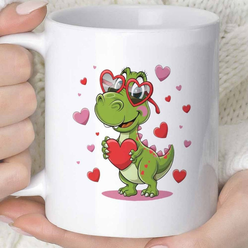 Tailorly White Ceramic 11 oz Mug - Adorable Green Creature Wearing Heart Shaped Glasses Holding A Red Love Dinosaur