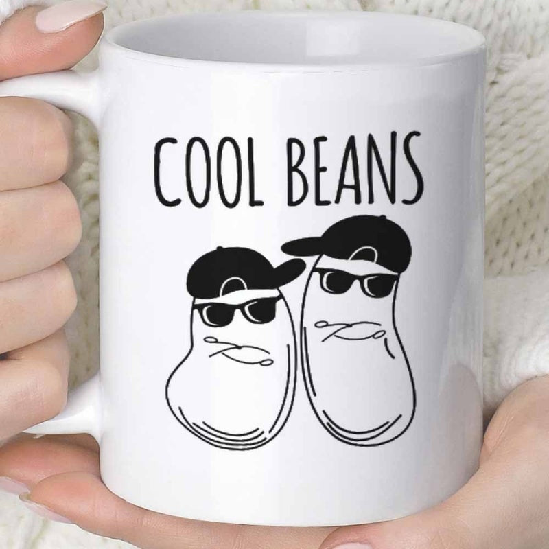 Tailorly White Ceramic 11 oz Mug - Cool Beans Two Minimalist Cartoon Characters Wearing Sunglasses And Black Baseball Caps Bean