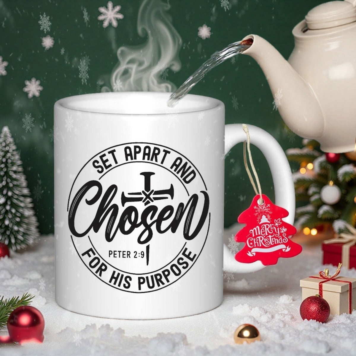 Tailorly White Ceramic 11 oz Mug - Set Apart And Chosen For His Purpose Peter 2 9 Circular Emblem Featuring Nail Cross With Bold Script Cross