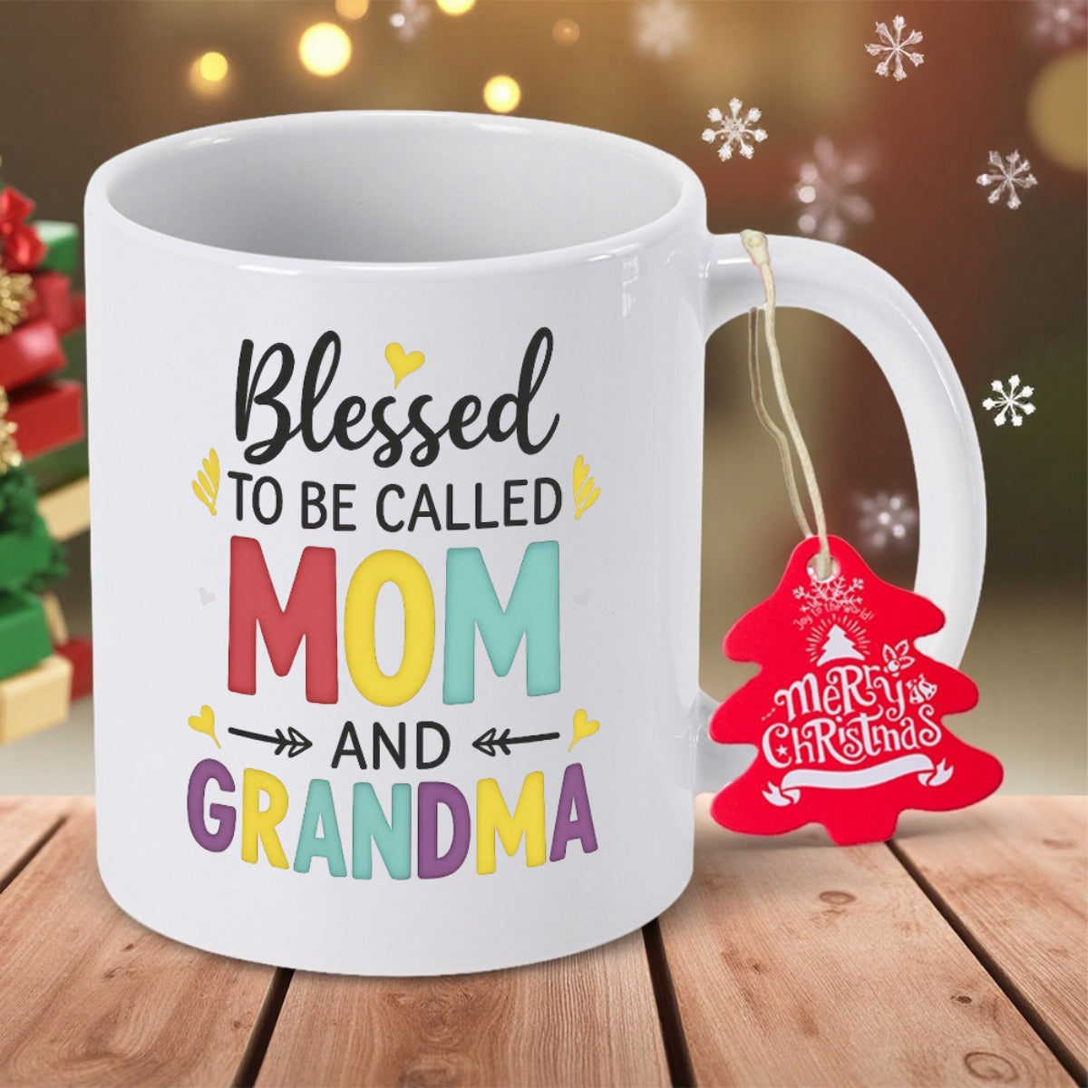 Tailorly White Ceramic 11 oz Mug - Blessed To Be Called Mom And Grandma Small Yellow Hearts And Arrows Among Colorful Bold Block Letters Mug
