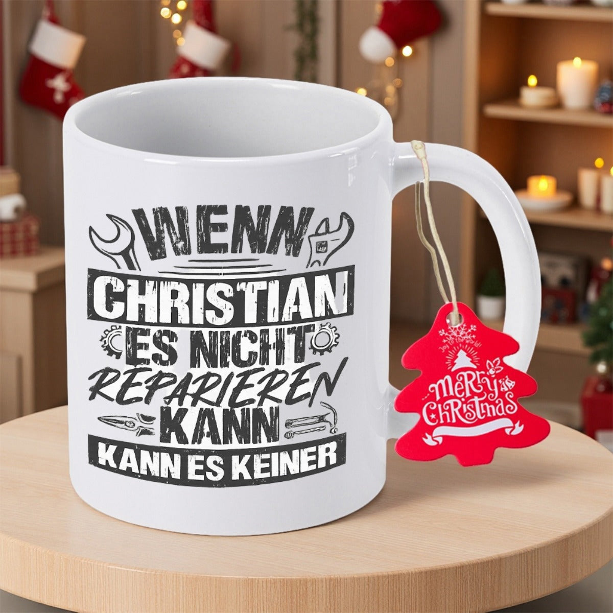 Tailorly White Ceramic 11 oz Mug - Merry Christmas Industrial Style Hand Tools On Clean Mug