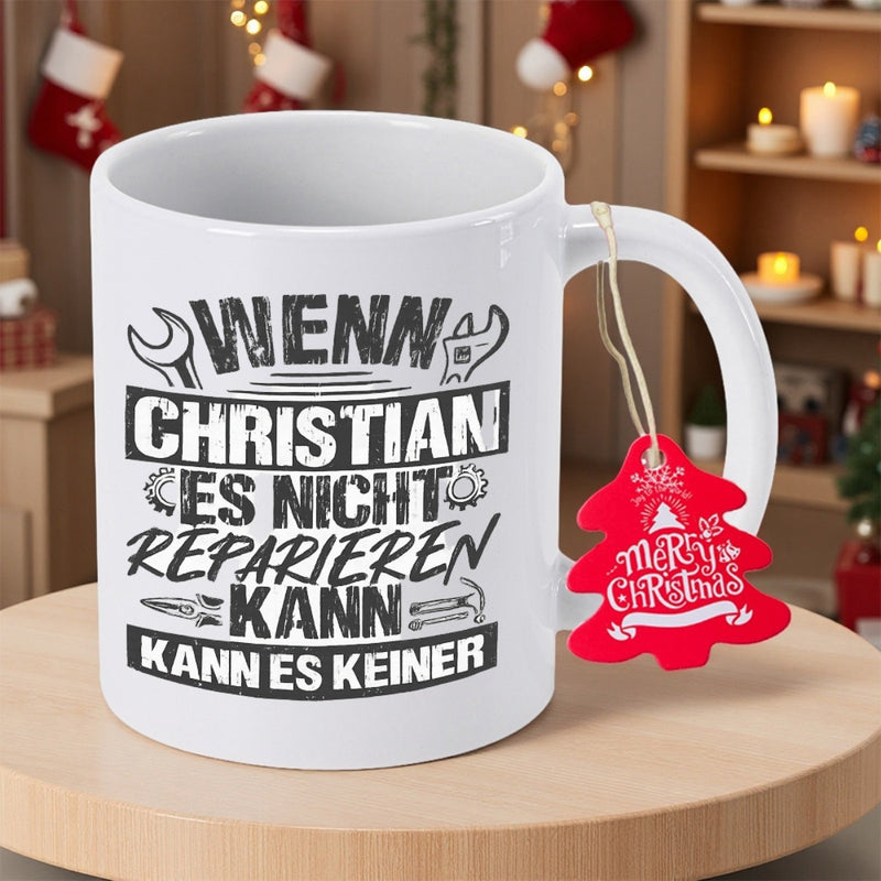 Tailorly White Ceramic 11 oz Mug - Merry Christmas Industrial Style Hand Tools On Clean Mug
