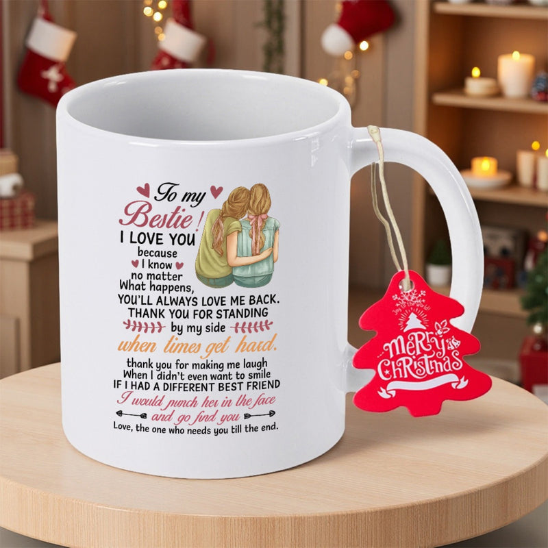 Tailorly White Ceramic 11 oz Mug - To My Bestie Two Best Friends Hugging With Small Hearts And Christmas Tree Tag Mug