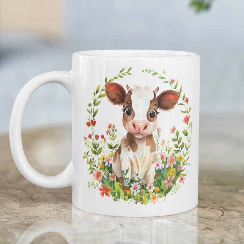 Tailorly White Ceramic 11 oz Mug - Adorable Little Calf Sitting Peacefully Among Blooming Colorful Spring Flowers Cow