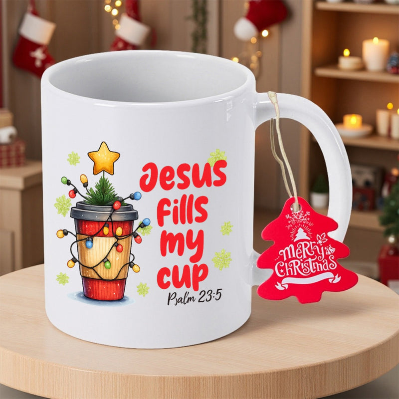 Tailorly White Ceramic 11 oz Mug - Jesus Fills My Cup Psalm 23 5 Merry Christmas Festive Christmas Lights Wrapped Around Warm Coffee Under A Golden Star Cup